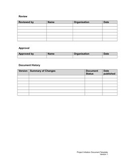 Review
Reviewed by
Name
Organisation
Date
Approval
Approved by
Name
Organisation
Date
Document History
Version
Summary of Cha