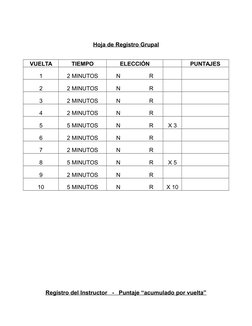 Hoja de Registro Grupal
VUELTA
TIEMPO
ELECCIÓN
 
PUNTAJES
1
2 MINUTOS
N                  R
 
 
2
2 MINUTOS
N
