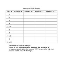 (para poner frente al curso)
VUELTA
EQUIPO “A”
EQUIPO “B”
EQUIPO “C”    EQUIPO “D”     
1
                 
 
 
2
 
 
3
 
 
4