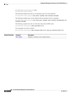 Configuration Management Commands on Cisco IOS XR Software
alias
SMR-104
Cisco IOS XR System Management Command Reference
O