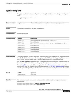 Configuration Management Commands on Cisco IOS XR Software
apply-template
SMR-105
Cisco IOS XR System Management Command Re