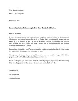 West Kazipara, Mirpur, 
Dhaka-1216, Bangladesh 
  
February 1, 2013 
  
Subject: Application for internship in Exim Bank  Ban
