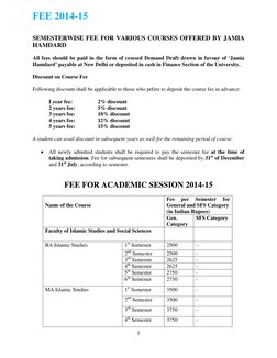 1 
 
FEE 2014-15 
 
 
SEMESTERWISE FEE FOR VARIOUS COURSES OFFERED BY JAMIA 
HAMDARD 
 
All fees should be paid in the form o