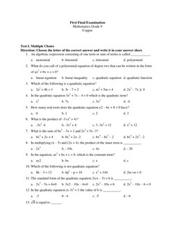 First Final Examination
Mathematics Grade 9
Copper
Test I. Multiple Choice
Direction: Choose the letter of the correc