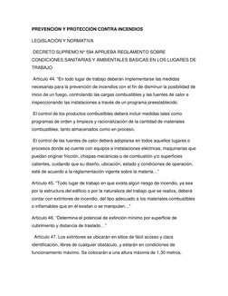 PREVENCIÓN Y PROTECCIÓN CONTRA INCENDIOS  
LEGISLACIÓN Y NORMATIVA  
 DECRETO SUPREMO N° 594 APRUEBA REGLAMENTO SOBRE 
CONDIC