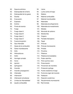 62. 
Espuma extintora 
63. 
Estanquidad de la llama 
64. 
Estanquidad de los gases 
65. 
Estufas 
66. 
Evacuación 
67. 
Explo