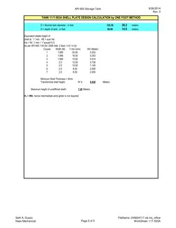 API 650 Storage Tank
9/26/2014
Rev: 0
125.30
38.2
meters
46.00
14.0
meters
TANK 11-T-503A SHELL PLATE DESIGN CALCULATION by O