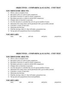 OBJECTIVES – COMPARING & SCALING – UNIT TEST 
 
YOU SHOULD BE ABLE TO: 
 Write a ratio in simplest form. 
 Recognize ra