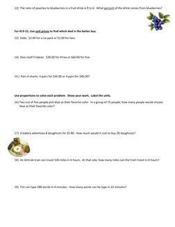 12)  The ratio of peaches to blueberries in a fruit drink is 9 to 6.  What percent of the drink comes from blueberries?