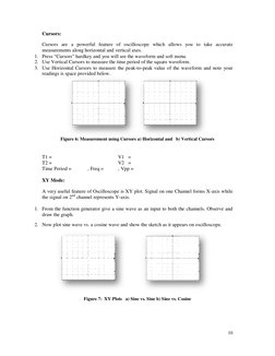 10 
Cursors: 
Cursors are a powerful feature of oscilloscope which allows you to take accurate 
measurements along horizontal