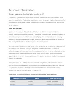 Taxonomic Classification 
How are organisms classified to the species level? 
A hierarchical system is used for classifying o