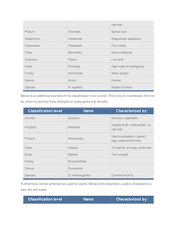 cell wall 
Phylum 
Chordata 
Spinal cord 
Subphylum 
Vertebrata 
Segmented backbone 
Superclass 
Tetrapoda 
Four limbs 
Class