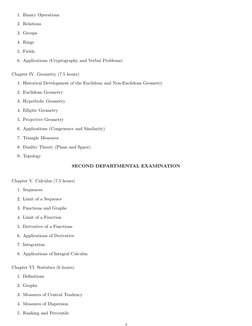 1. Binary Operations
2. Relations
3. Groups
4. Rings
5. Fields
6. Applications (Cryptography and Verbal Problems)
Chapter IV.