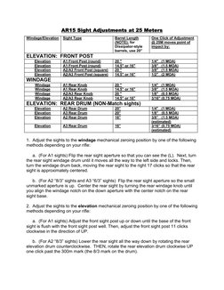 AR15 Sight Adjustments at 25 Meters
Windage/Elevation
Sight Type
Barrel Length
(NOTE): for 
Dissipator-style 
barrels, use 20