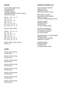 ANICUNI 
 
En las noches cuando la luna, 
como plata se eleva 
y la selva ilumina 
y también la pradera, 
viejos lobos de la