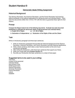 Student Handout 9 
 
Democratic Ideals Writing Assignment 
 
Historical Background 
 
The Glorious Revolution, the American R