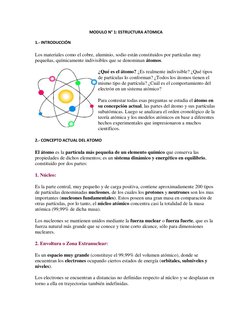 MODULO N° 1: ESTRUCTURA ATOMICA 
1.- INTRODUCCIÓN 
Los materiales como el cobre, aluminio, sodio están constituidos por partí
