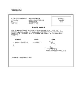 PODER SIMPLE 
 
 
 
 
 
 
 
 
 
 
 
 
 
 
RAZON SOCIAL EMPRESA 
: AZUFRES LANDIA 
DIRECCION 
 
 
: LOS YACIMIENTOS 1302 
RUT