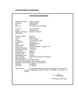 INSTRUCCIONES DE EMBARQUE 
 
INSTRUCCIÓN DE EMBARQUE 
 
 
 
 
Agencia de Aduanas 
: Gladys Izurieta C. 
 
 
Exportador 
 
: