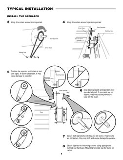 9
Wrap drive chain around operator sprocket.
Door Sprocket
Electrical Box
Operator Drive
Sprocket
Drive Chain
Wrap drive cha