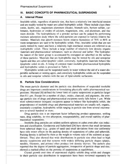 Pharmaceuuca/Suspens~ns
5
III.
BASIC CONCEPTS OF PHARMACEUTICAL SUSPENSIONS
A.
Internal Phase
B.
Particle Size Considerations