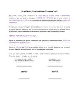ACTA ADMINISTRATIVA SOBRE CONDUCTA INFRACTORA
En  LUGAR a  FECHA, en las Instalaciones de  LUGAR DE LOS HECHOS ubicada en