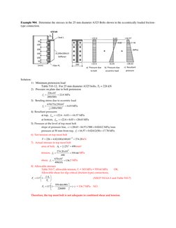 Example 904.  Determine the stresses in the 25 mm diameter A325 Bolts shown in the eccentrically loaded friction-
type connec