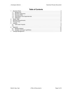 <Company Name>
Business Process Document
Table of Contents
1
Business Need...................................................