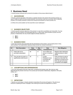 <Company Name>
Business Process Document
1 Business Need
< Overall business rationale which provide the foundation of the pro