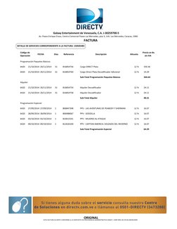 Programación Paquetes Básicos:
6420      21/10/2014  20/11/2014
31
816854756
Cargo DIRECT Plata
12 %
330.36
6420      21/10/2