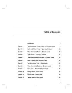 Table of Contents
Introduction
1
Example 1
Two-Dimensional Frame — Static and Dynamic Loads
3
Example 2
Bathe and Wilson Fram