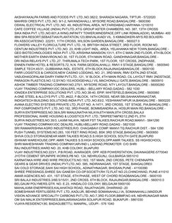 AKSHAYAKALPA FARMS AND FOODS PVT. LTD.,NO.382/2, SHARADA NAGARA, TIPTUR - 5722020
MAHRISI ORES PVT. LTD.,NO. 9/1-2, NAYANDAHA