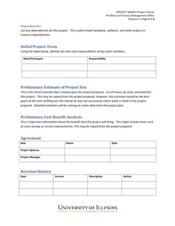 [PROJECT NAME] Project Charter 
Portfolio and Process Management Office 
Release 1| Page 3 of 3 
 
 
 
Dependencies 
List any