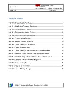 {Contractor}
XXXXX Design-Build Project
S.P.  XXXXXX
DESIGN QUALITY MANAGEMENT PLAN
District {X}
Page  of 
Table of Content