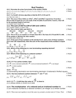 1 
Real Numbers 
(Q.1)  Determine the prime factorization of the number 556920.  
(1 Mark) 
(A) 23 x 33 x 5 x7 13 x 17(B) 2
