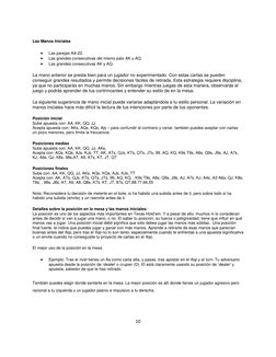 10
Las Manos Iniciales
•
Las parejas AA-22.
•
Las grandes consecutivas del mismo palo AK y AQ.
•
Las grandes co