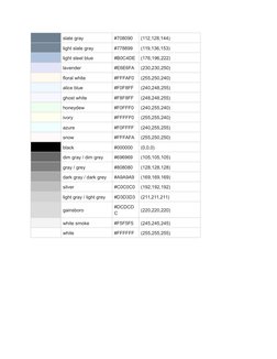 slate gray
#708090
(112,128,144)
 
light slate gray
#778899
(119,136,153)
 
light steel blue
#B0C4DE
(176,196,222)
 
lavend