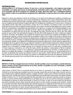 INVERSIONES ESPIRITUALES 
 
INTRODUCCIÓN: 
APOCALIPSIS 3:17-18 Porque tú dices: Yo soy rico, y me he enriquecido, y de ning