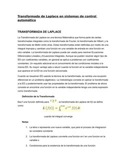 Transformada de Laplace en sistemas de control 
automático
TRANSFORMADA DE LAPLACE
La Transformada de Laplace es una técnica