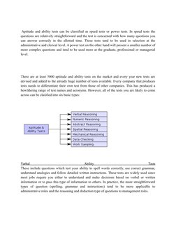 Aptitude and ability tests can be classified as speed tests or power tests. In speed tests the
questions are relatively st