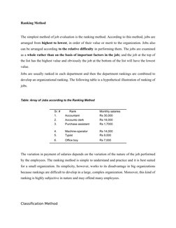 Ranking Method
 
The simplest method of job evaluation is the ranking method. According to this method, jobs are
arranged fro