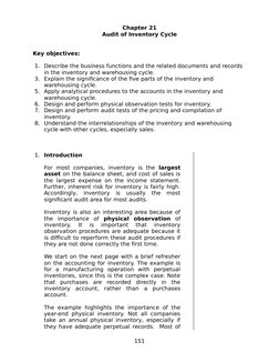 Chapter 21
Audit of Inventory Cycle
Key objectives: 
 1. Describe the business functions and the related documents and record