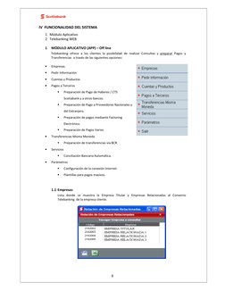 8 
IV  FUNCIONALIDAD DEL SISTEMA 
1   Módulo Aplicativo   
2   Telebanking WEB 
1 
MÓDULO APLICATIVO (APP) – Off line 
Tele