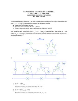 UNIVERSIDAD NACIONAL DE COLOMBIA 
CIRCUITOS ELÉCTRICOS II  
EJERCICIOS CIRCUITOS TRIFÁSICOS 
ING. JOHN CORTÉS 
 
 
1- Un sist