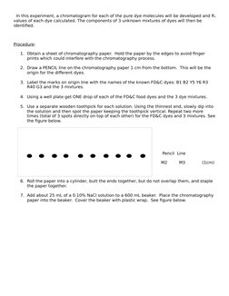 In this experiment, a chromatogram for each of the pure dye molecules will be developed and Rf
values of each dye calculate