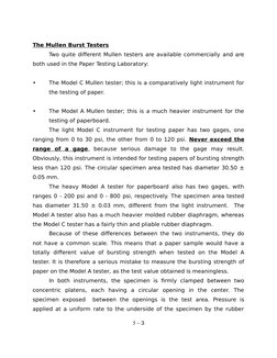 The Mullen Burst Testers
Two quite different Mullen testers are available commercially and are
both used in the Paper Testing