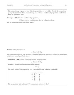 Math 270A
1.3 Conditional Propositions and Logical Equivalence
20
The proposition p →q can be true while the proposition q →p