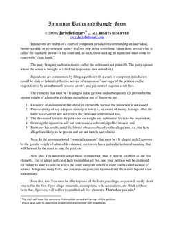 Injunction Basics and Sample Form 
© 2009 by Jurisdictionary® ... ALL RIGHTS RESERVED 
www.Jurisdictionary.com  
 
Injunction