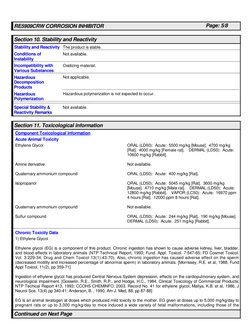 RE5909CRW CORROSION INHIBITOR
Page: 5/8
Section 10. Stability and Reactivity
The product is stable.
Oxidizing material.
Hazar