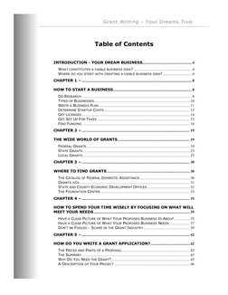 Grant Writing – Your Dreams True
Table of Contents 
 
INTRODUCTION - YOUR DREAM BUSINESS...................................